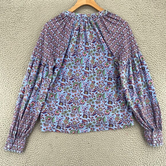 Boden Top Womens 6R Blue Multi Floral Button Up Balloon Long Sleeve Knit Stretch - Picture 3 of 10